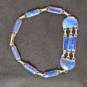 Vintage Lapis Lazuli Art Deco Inlet Bracelet 950 Stamped Silver